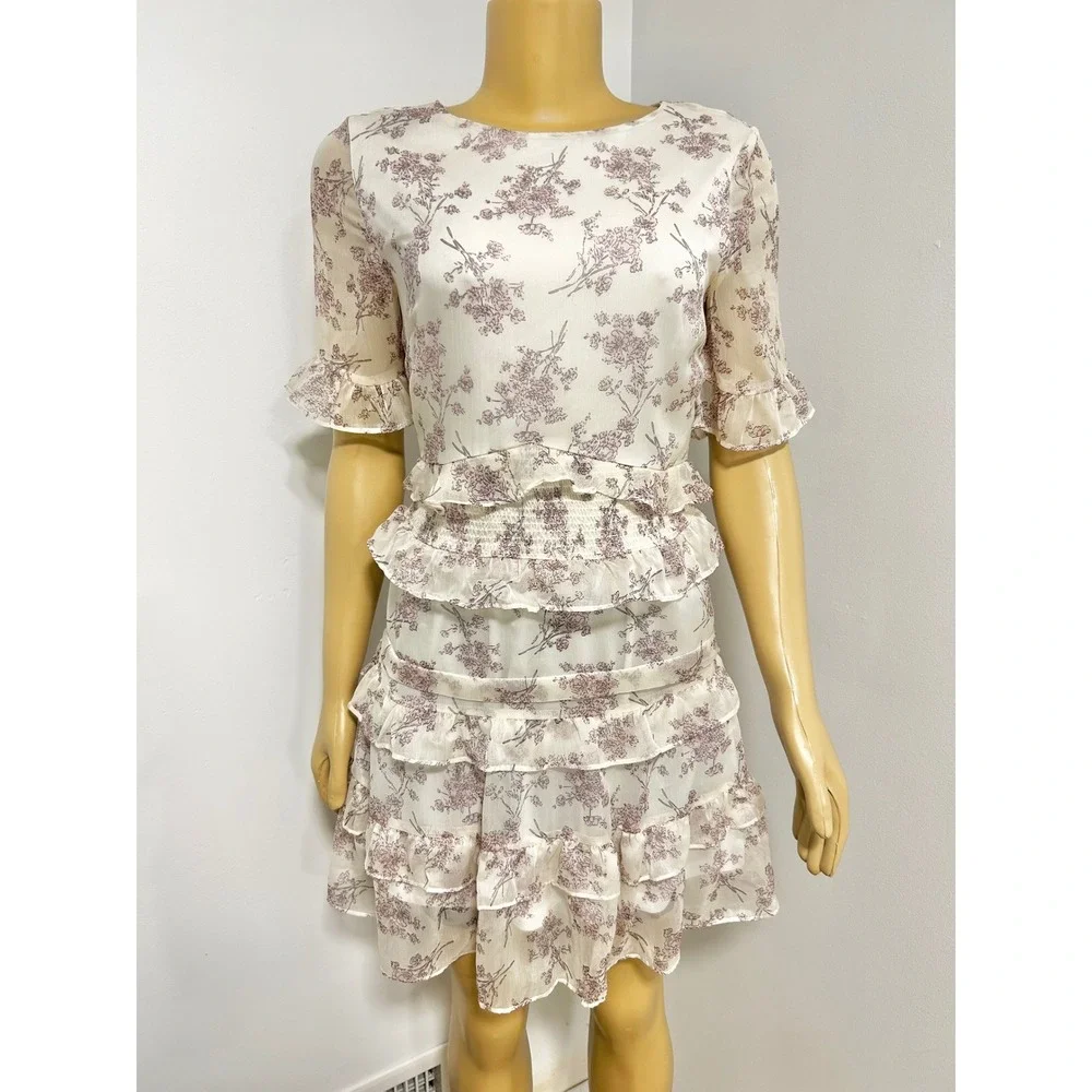 Sugar Lips Cream Mauve Floral Tiered Ruffle Mini Dress Smocked Waist Wedding S